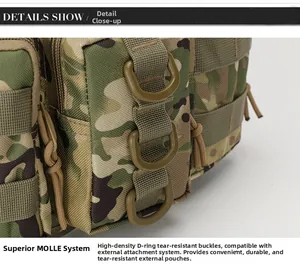 Macro-opname van MOLLE-systeem en D-ringen op de camouflage tactische heuptas