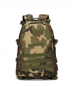 Front detail of tactical camo backpack with MOLLE system and velcro patch area