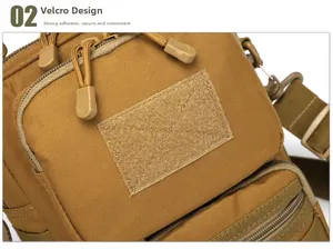 Detail view of Coyote Brown tactical bag with velcro panel and durable dual zippers