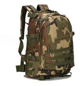 Side view of tactical camouflage backpack featuring MOLLE system and compression straps