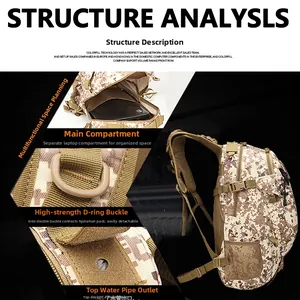 Detail showing tactical backpack interior laptop compartment and outdoor D-ring hardware