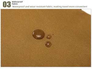Close-up of water-resistant and durable khaki fabric showing hydrophobic water droplets