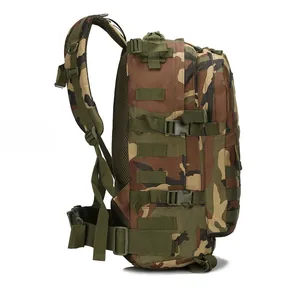 Detailed side view of 3D tactical backpack with molle system and camo nylon straps