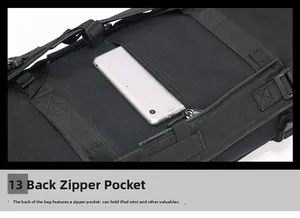 Detail of the back hidden zipper pocket showing space for an iPad mini on the black fishing bag