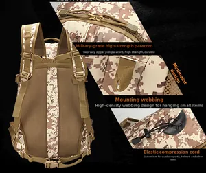 Detail view of desert digital camo tactical backpack with breathable mesh padding and MOLLE webbing