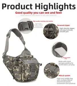 Tactical shoulder bag details showing MOLLE system, durable zippers, and mesh straps