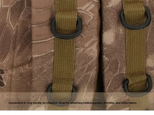 Detail of ergonomic shoulder strap with D-rings for tactical outdoor hiking backpack