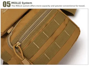 Close-up of tactical tan pouch featuring high-density MOLLE webbing and nylon zipper