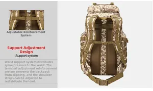 Detail of tactical backpack showing adjustable support system and padded waist straps