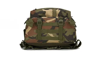 Detail view of tactical backpack base with MOLLE system and jungle camouflage pattern