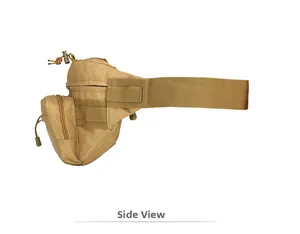 Side view of tactical waist bag in khaki nylon fabric with MOLLE system and zip pockets