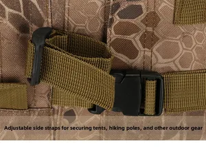 Detail of adjustable side buckle straps on camo tactical backpack for outdoor gear