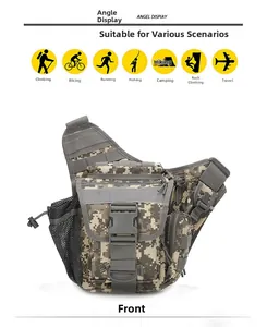 Front view of digital camouflage tactical crossbody bag with MOLLE webbing and side mesh pocket