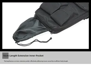 Tactical gear bag detail showing the expandable inner pocket with drawstring and zipper closure