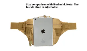 Detail view of khaki tactical waist bag showing capacity compared to a tablet device