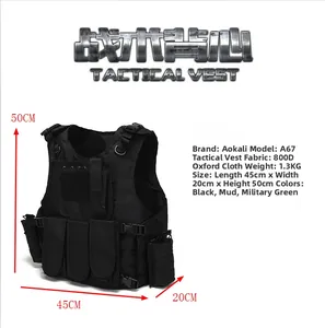 Detail view of black 800D oxford tactical vest with quick-release buckles and size chart