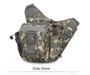 Side view of tactical chest bag featuring digital pixel camouflage and MOLLE webbing