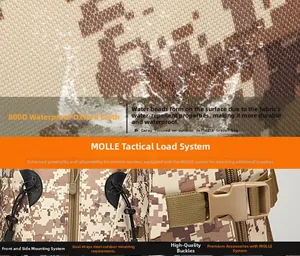 Detail of 800D waterproof Oxford fabric and MOLLE tactical system on camo backpack