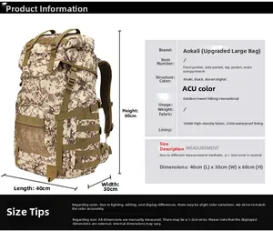 50L tactical backpack dimensions 40x30x60cm made of durable 1000D waterproof fabric