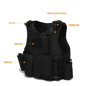 Close-up of waterproof nylon tactical vest featuring MOLLE system and buckles