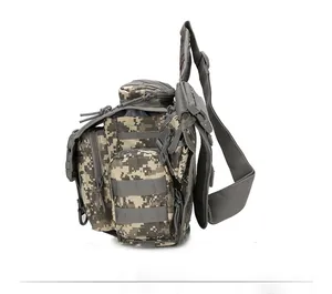 Macro side view of tactical digital camouflage shoulder bag with MOLLE webbing