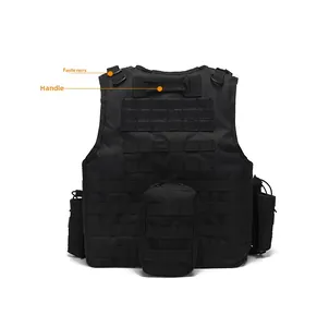 Detailed view of the MOLLE webbing system and reinforced handle on the black tactical vest