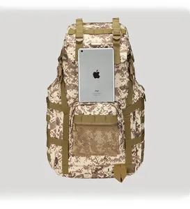 Size comparison of tactical 50L desert camo backpack next to an iPad mini tablet