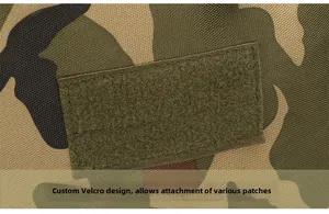 Detailed close-up of tactical camo backpack fabric with hook-and-loop patch panel