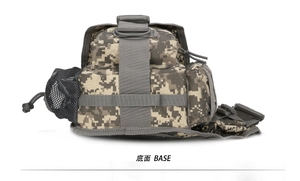 Detail view of tactical saddle bag featuring digital camo, mesh pocket, and D-ring clip