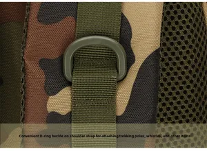 Detail of tactical backpack showing camo fabric, D-ring buckle, and breathable mesh padding