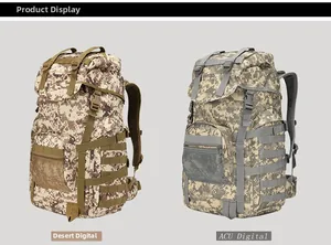 Detail view of 50L tactical backpacks in Desert Digital and ACU Digital camo colors