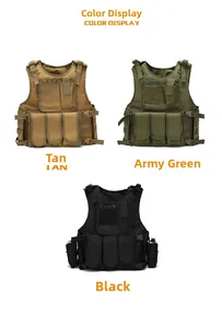 Detail view of tactical vests in tan, army green, and black with Molle system pockets