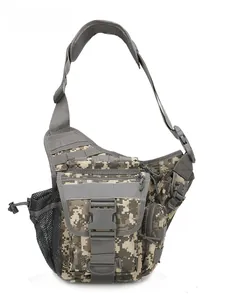 Detail view of adjustable shoulder strap and durable buckle on tactical camo shoulder bag