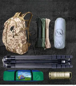 Detail of desert camo tactical backpack with MOLLE system and various outdoor gear layout
