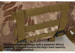 Close-up of tactical backpack bottom with reinforced MOLLE webbing and buckles