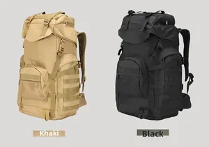 Macro side view of 50L tactical backpacks in khaki and black with MOLLE webbing detail