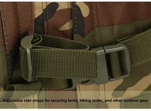 Detail of adjustable tactical buckle and high-density nylon webbing on camouflage backpack
