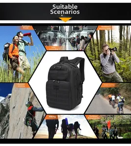 Collage aus schwarzem Taktikrucksack mit MOLLE-System und verschiedenen Außenszenarien