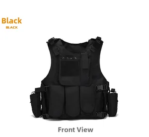 Close-up of tactical vest featuring MOLLE webbing systems and functional storage pouches