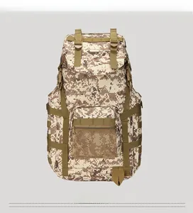 Front view of 50L digital camo tactical backpack with MOLLE system and mesh pocket