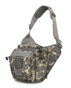 Detailed close-up of tactical cross-body bag featuring digital camouflage and MOLLE system