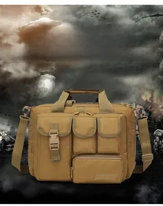 Tactical coyote brown laptop bag with MOLLE webbing and multi-functional pouches