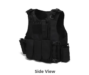 Side view of tactical vest showing multi-pocket storage and durable nylon fabric