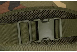 Detail of durable KAM quick-release buckle and breathable honeycomb mesh on tactical backpack
