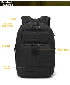 Detailansicht des Outdoor-Taktikrucksacks mit MOLLE-System und Paracord-Reißverschlüssen