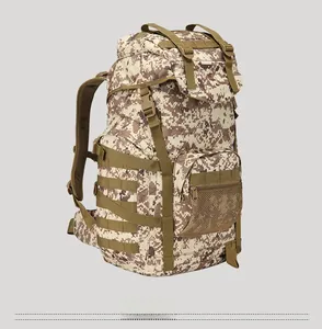Side view of tactical desert camouflage backpack featuring 50L capacity and MOLLE system