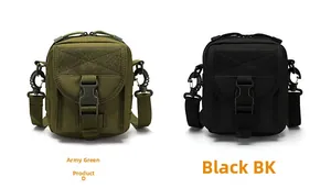 Dettaglio del borsello tattico con sistema MOLLE e area velcro in nero e verde militare