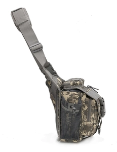 Detail view of tactical shoulder bag with digital camouflage pattern and mesh pockets