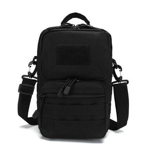 Tactical crossbody shoulder bag in black nylon with MOLLE system and adjustable strap