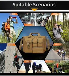 Tactical Oxford messenger bag showing various use cases like outdoor hiking and daily commuting